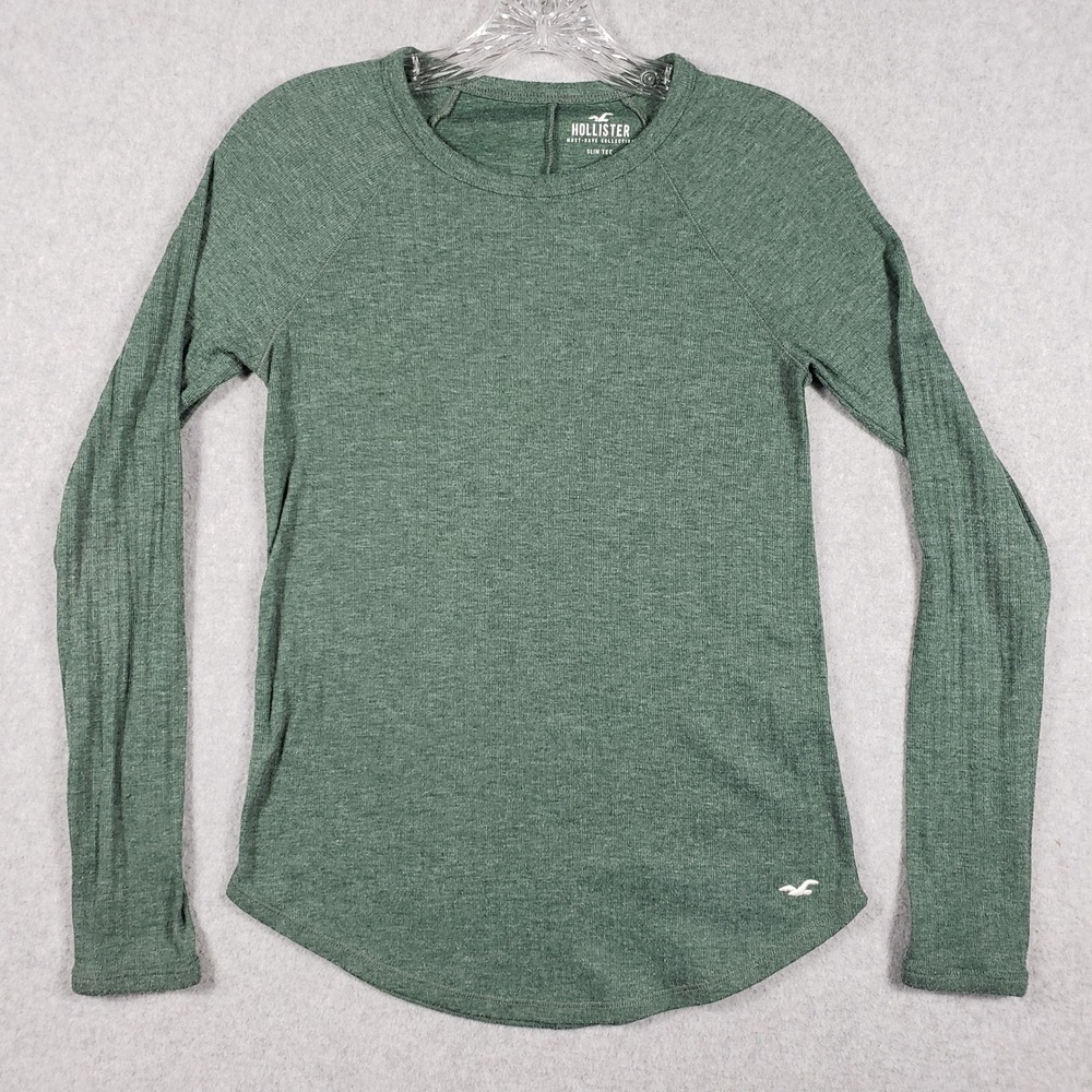 Hollister Womens Top Long Sleeve Slim Fit Ribbed Green Crew Neck Sm Casual Tee